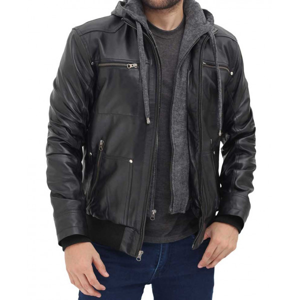 Mens Black Hooded Leather Jacket - Leathers Jackets UK London