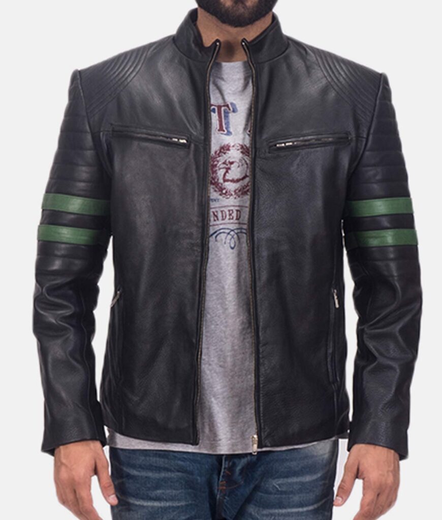 Green Striped Leather Jacket for Men - Leathers Jackets Uk